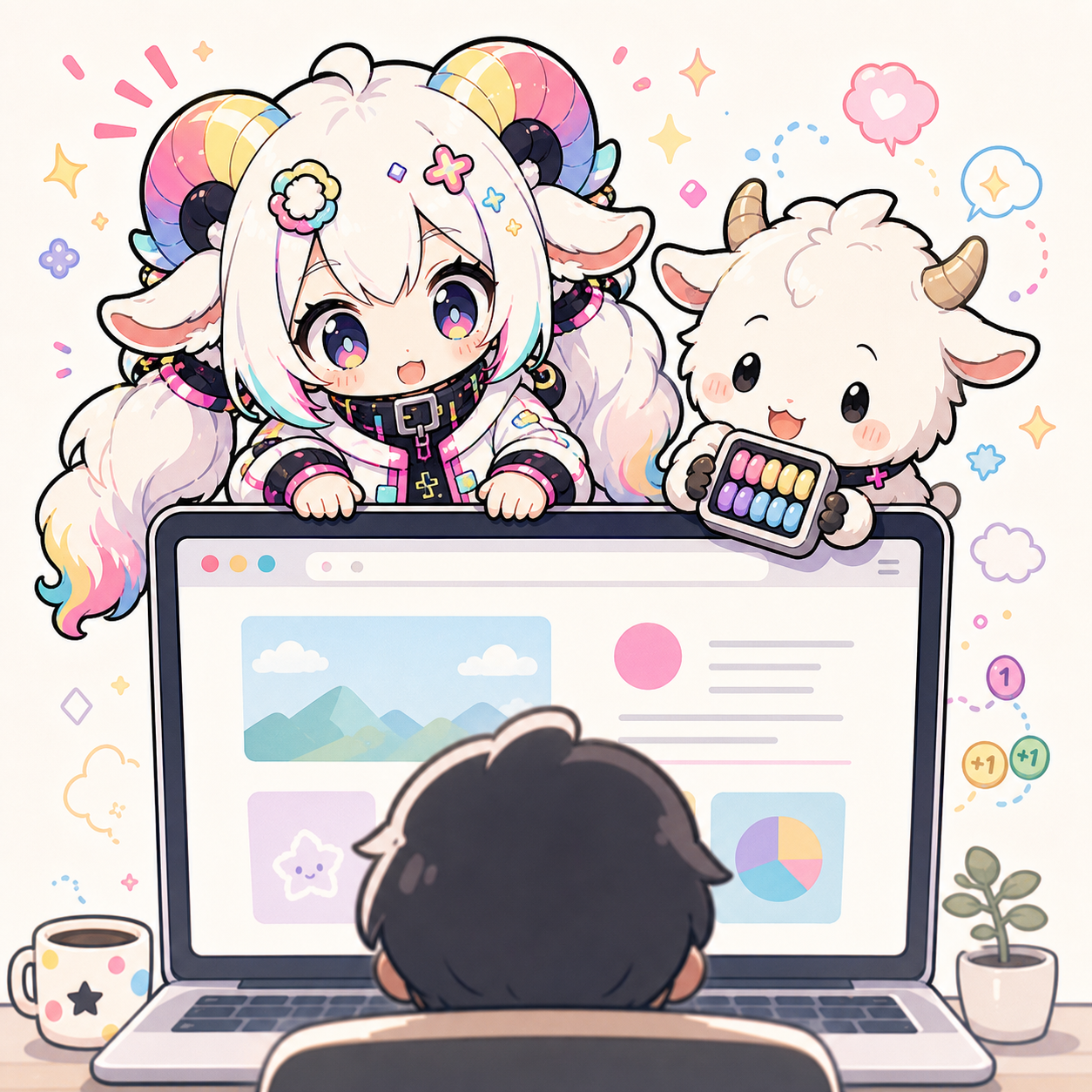 公開ページの利用を見守るどーなつひつじと小さなヤギ