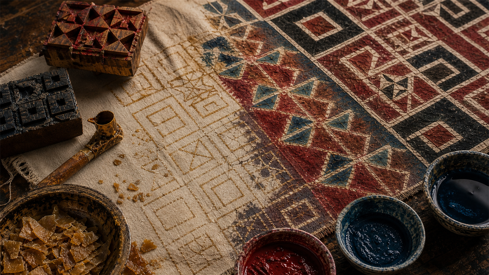 Batik / Ajrakh（resist dye, block print textile）の非写実技法サンプル画像