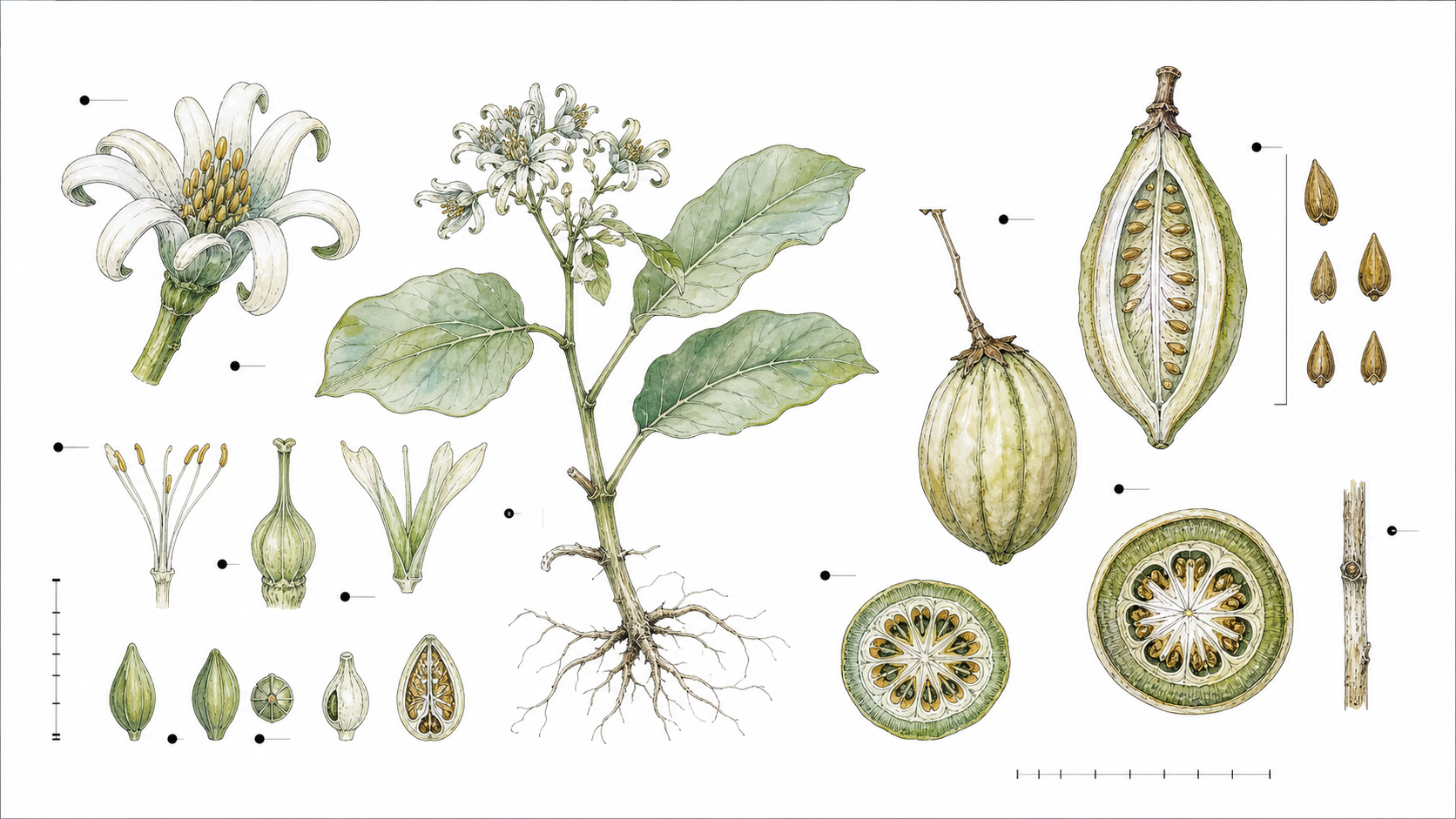 架空の植物標本を精密な線と淡い彩色で描いた、博物図のような図版