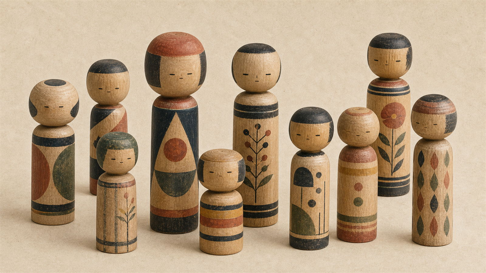 こけし的木工人形（kokeshi-like wooden doll logic）の非写実技法サンプル画像