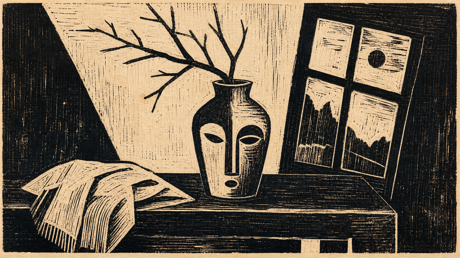 木版画（woodcut）の非写実技法サンプル画像