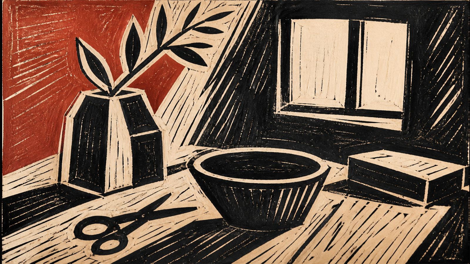 リノカット（linocut）の非写実技法サンプル画像